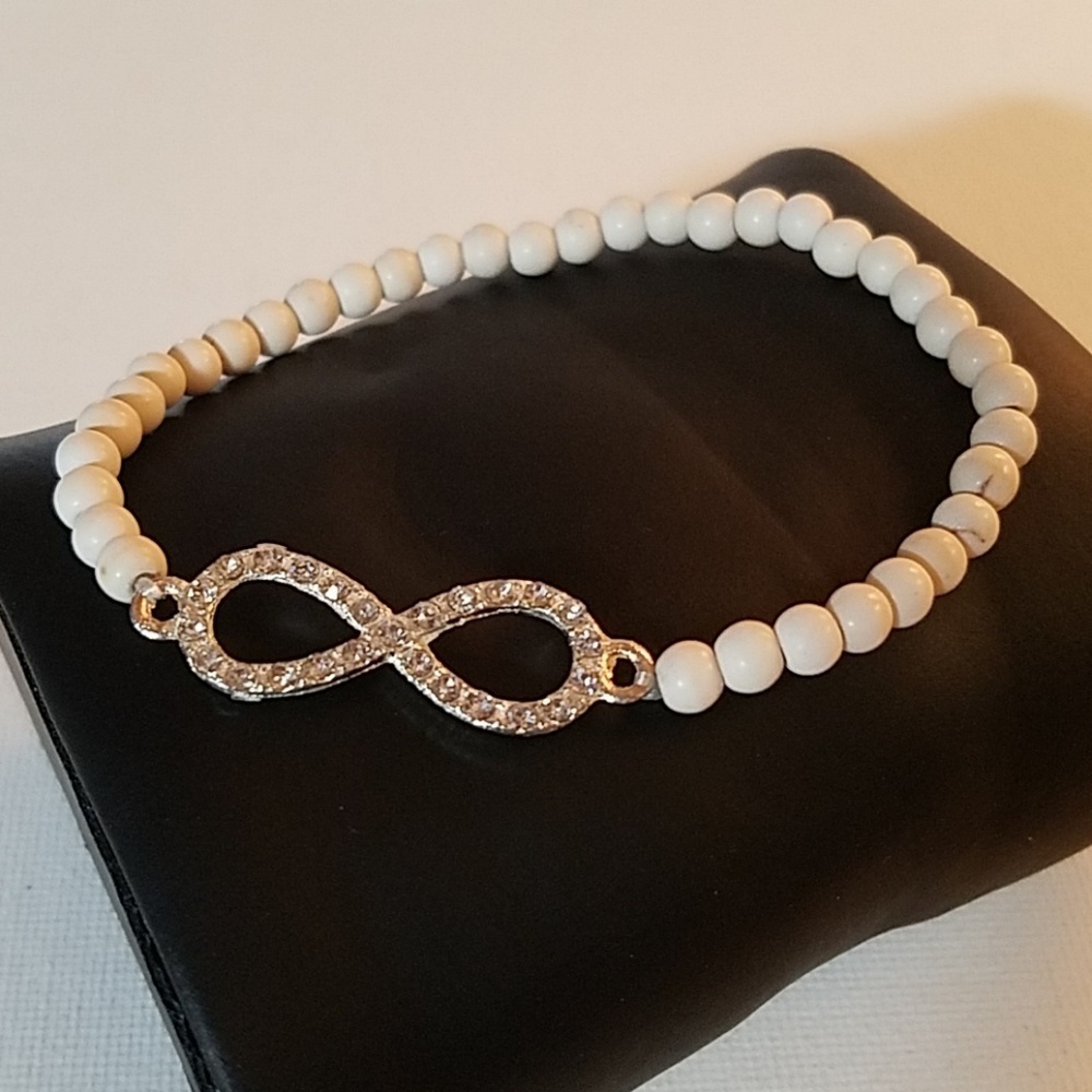Rhinestone Cream & Silver Tone Infinity Stretch 8" Bracelet